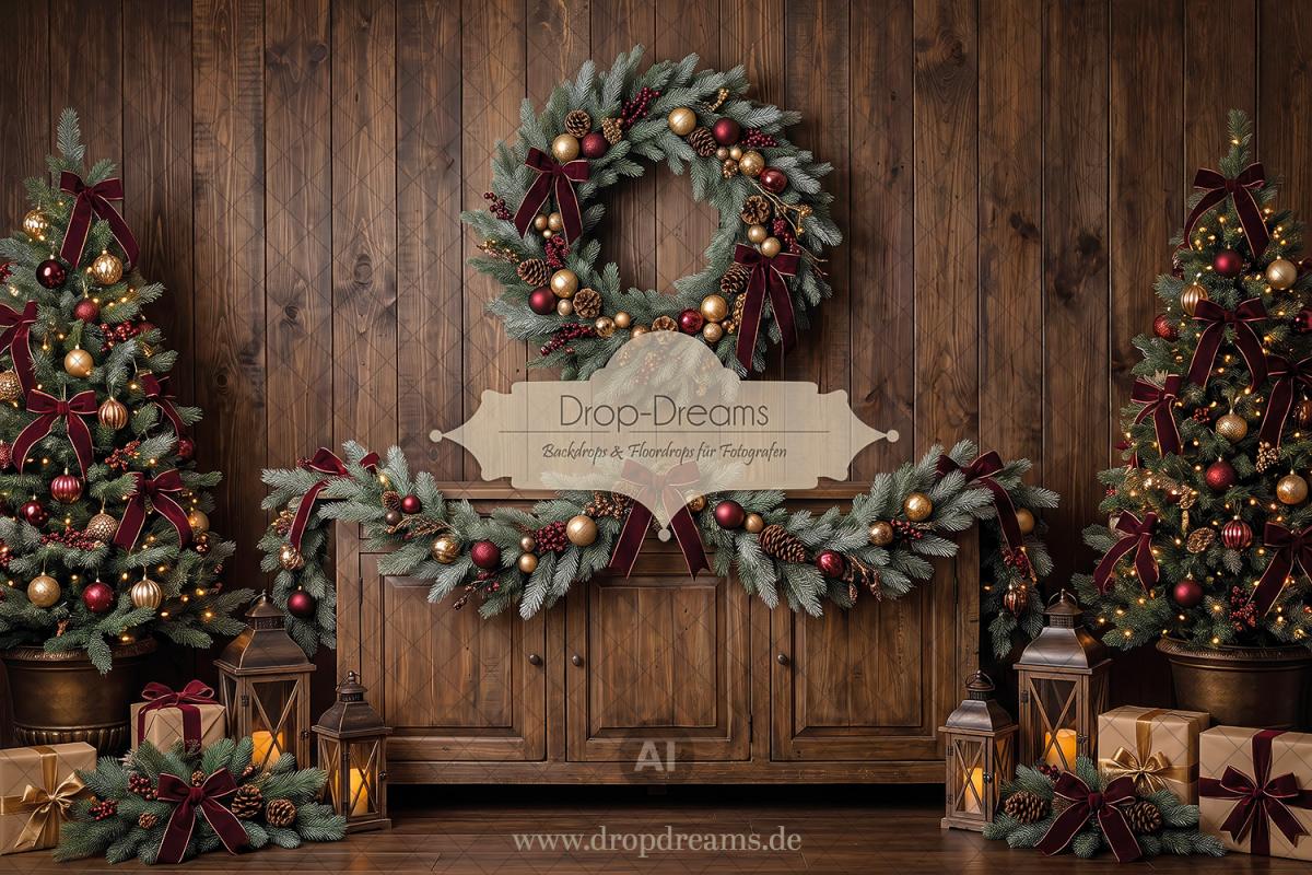 Weihnachts-Backdrop Royal Christmas mit dunkler Holzwand, Tannenkranz und Weihnachtsbäumen in Dunkelrot und Gold von Drop-Dreams